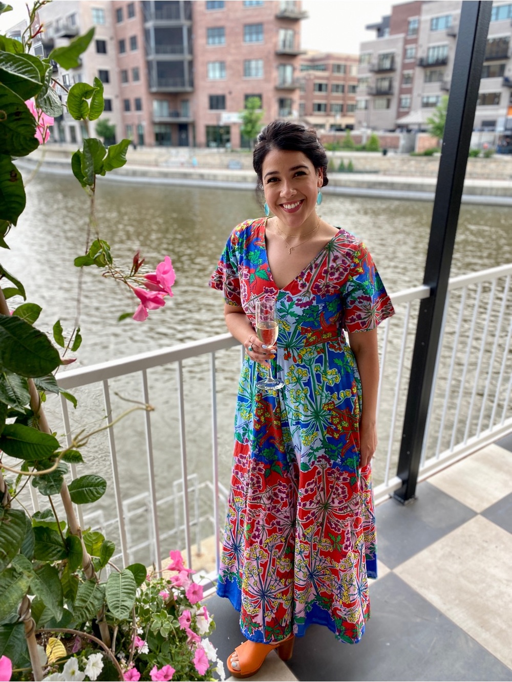 Roopa Pemmaraju Colorful Floral Patchwork V-Neck Midi Dress
